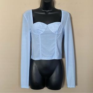 Shein Baby Blue Mesh Cupped Bodice Crop Long Sleeve Top